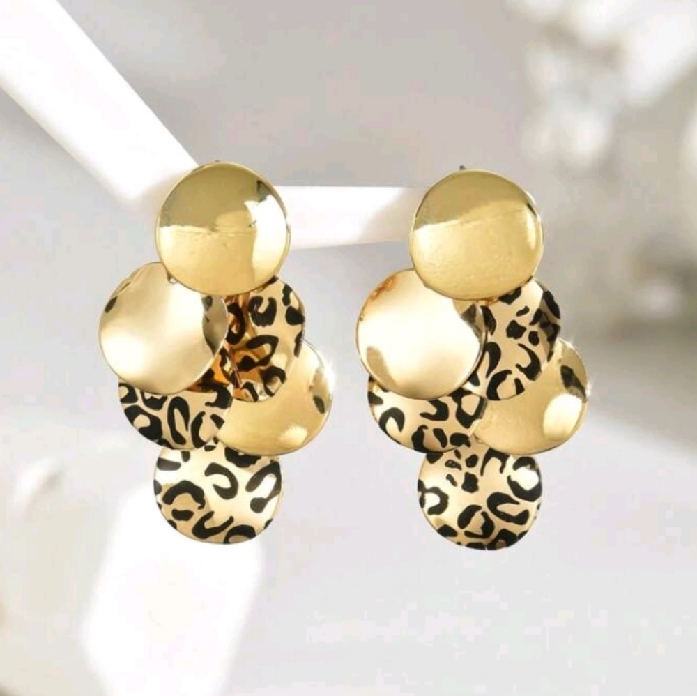 New Golden Leopard Print Disc Drop Earrings